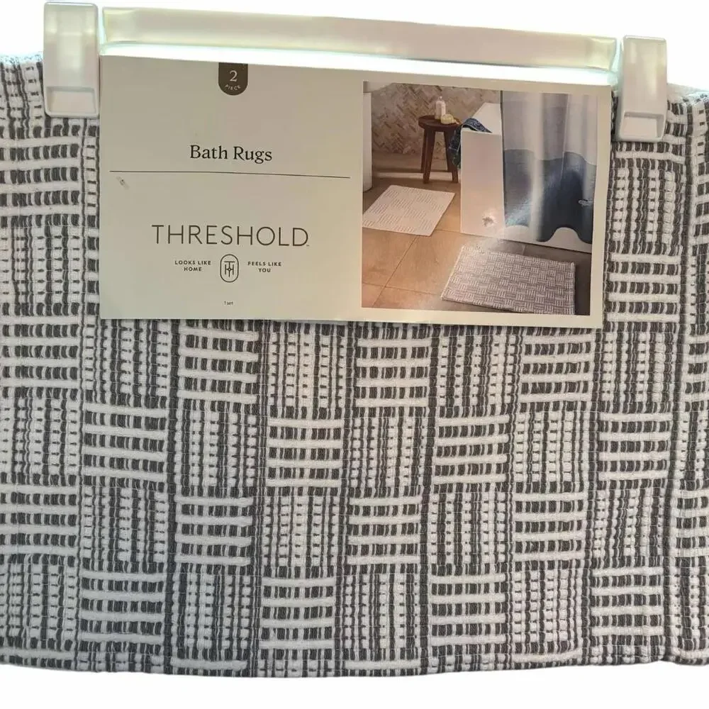 Cotton 100% Bath Rug SET - New -2 pack Grey Stripes and White 17” X 24”